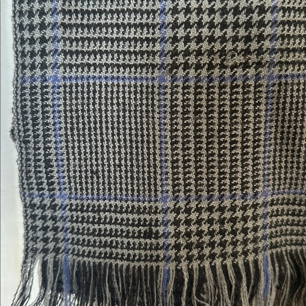 Polo Ralph Lauren Gray Blue Herringbone Plaid Fringed Wool Scarf